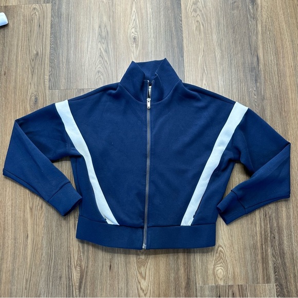 SPANX AirEssentials Striped Track Jacket Navy Blue Small Cropped Zip Pockets - Picture 1 of 7